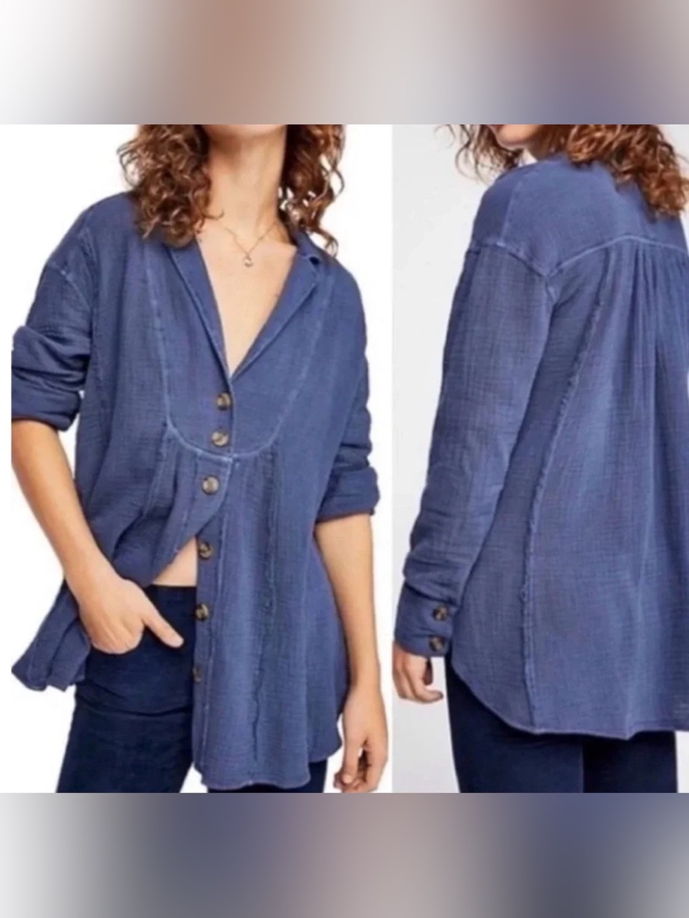 Free People NWT All About the Feels Indigo Blue Gauzy Cotton Button-Down Shirt S